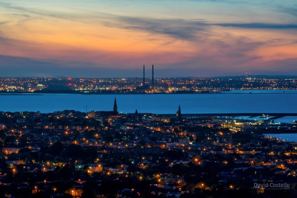 Late evening after the sunset looking over Dun Laoghaire and across Dublin Bay while the city lights came on.