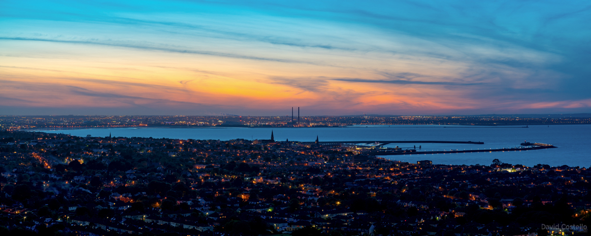 A beautiful view from Dalkey Hill across Dun Laoghaire and over Dublin Bay towards the Poolbeg Chimneys as the sun went down.