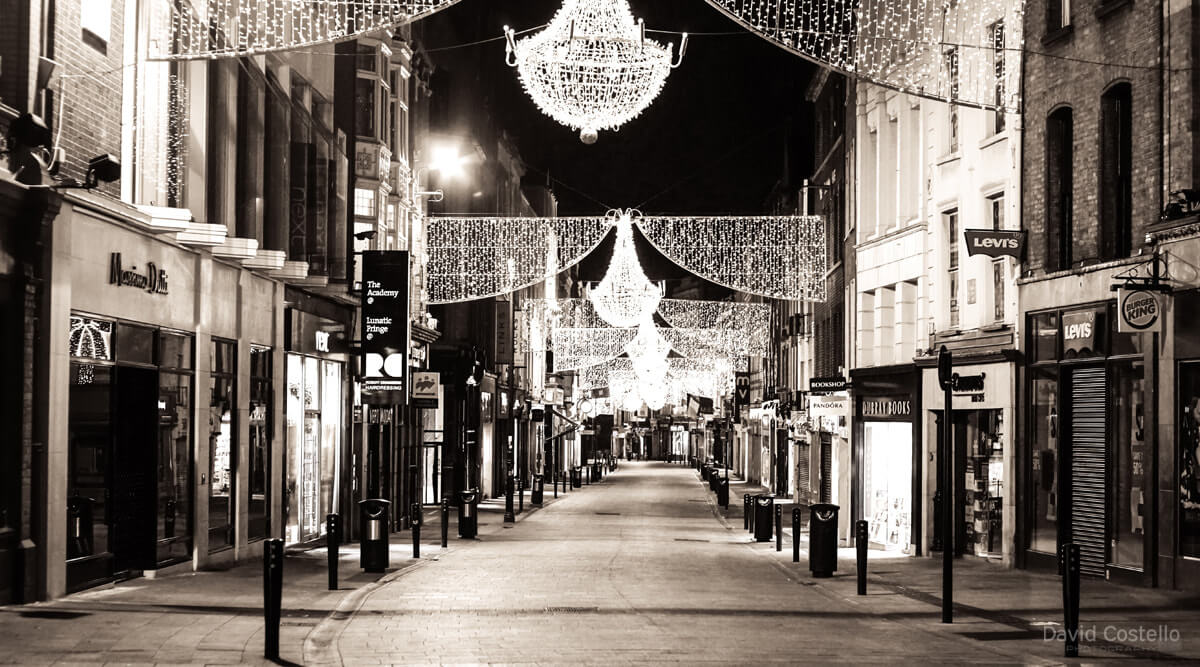 Grafton Street pictured empty and abandoned on Christmas day with the Christmas lights turned on.