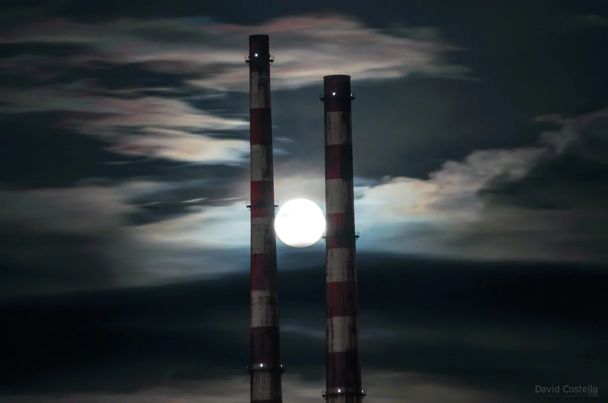 Limited Edition print of the Poolbeg Chimneys and the Full Moon rising between them.