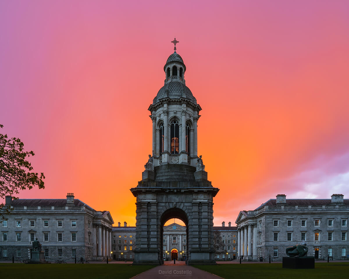 Trinity College at sunset as the rain starts to fall on a beautiful spring evening.