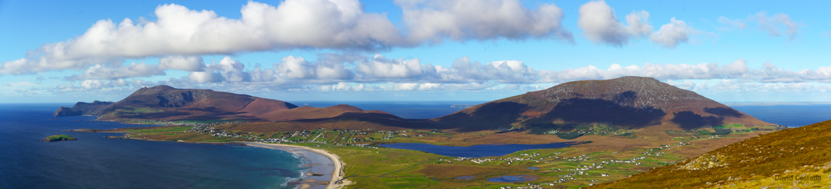 Panoramic view across the western part of Achill Island from Minaun Heights on a beautiful autumn day.