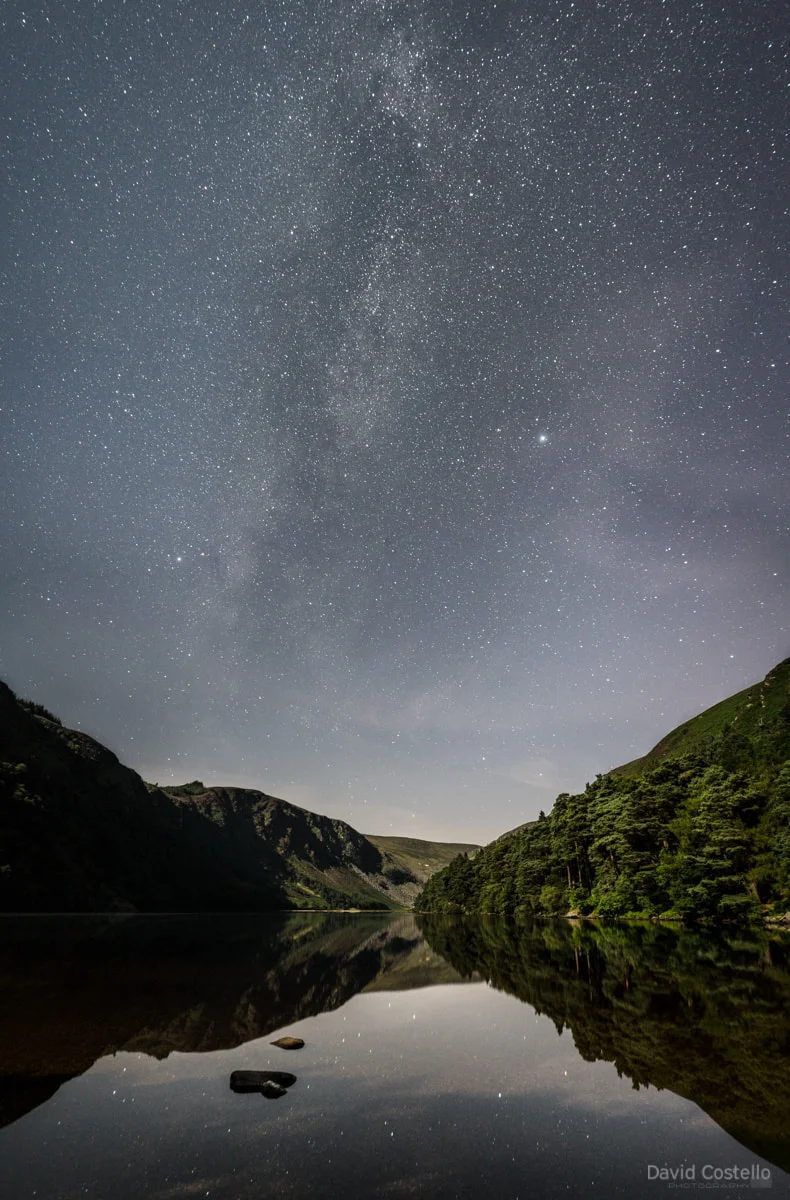 Glendalough Lake on a beautiful summer night as the Milky Way rose over the valley and reflected in the perfectly calm water.