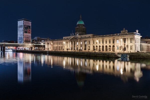 A wide angle view of Liberty Hall and The Custom House in Dublin City.