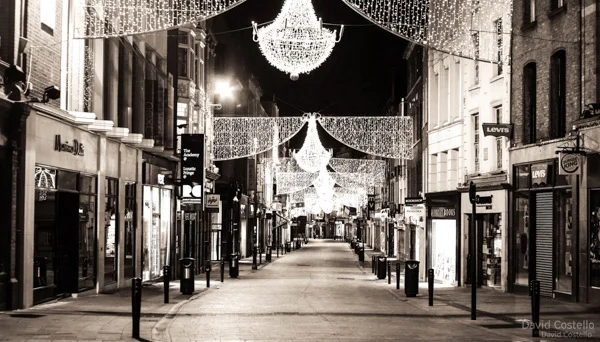 Grafton Street without any people on Christmas Day with the festive lights on.