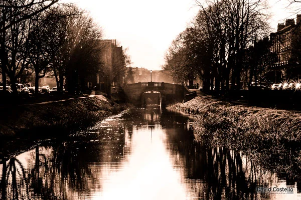 Huband Bridge and the Grand Canal on a misty spring day in Dublin city.