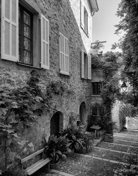 Louvre shuttered houses and potted plants along a cobblestone street stairways in Saint-Paul-de-Vence.